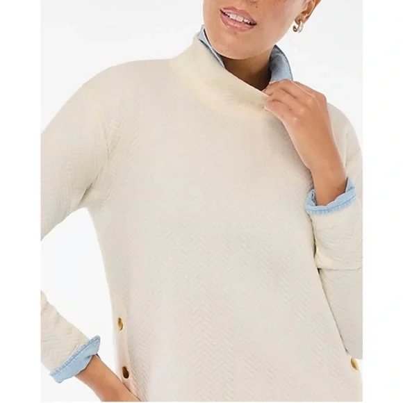 NWT J. Crew Ivory Herringbone Quilted Mock Neck Sweatshirt Small Snap Side - Picture 3 of 16